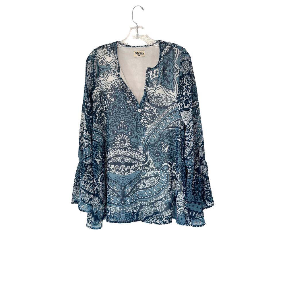 Show Me‎ Your Mumu Blue White Paisley Boho Perveen Pirate Tunic Blouse Size XS